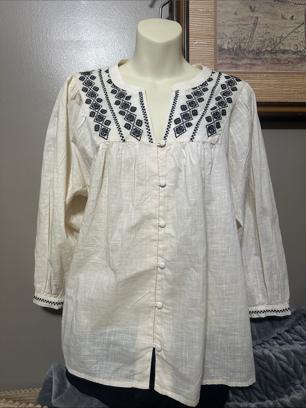 Wonderly Cream Peasant Blouse with Black Embroidery large Boho